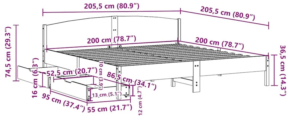 Cama sem colchão 200x200 cm madeira de pinho maciça branco