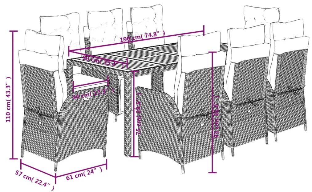 9 pcs conjunto de jantar p/ jardim c/ almofadões vime PE preto