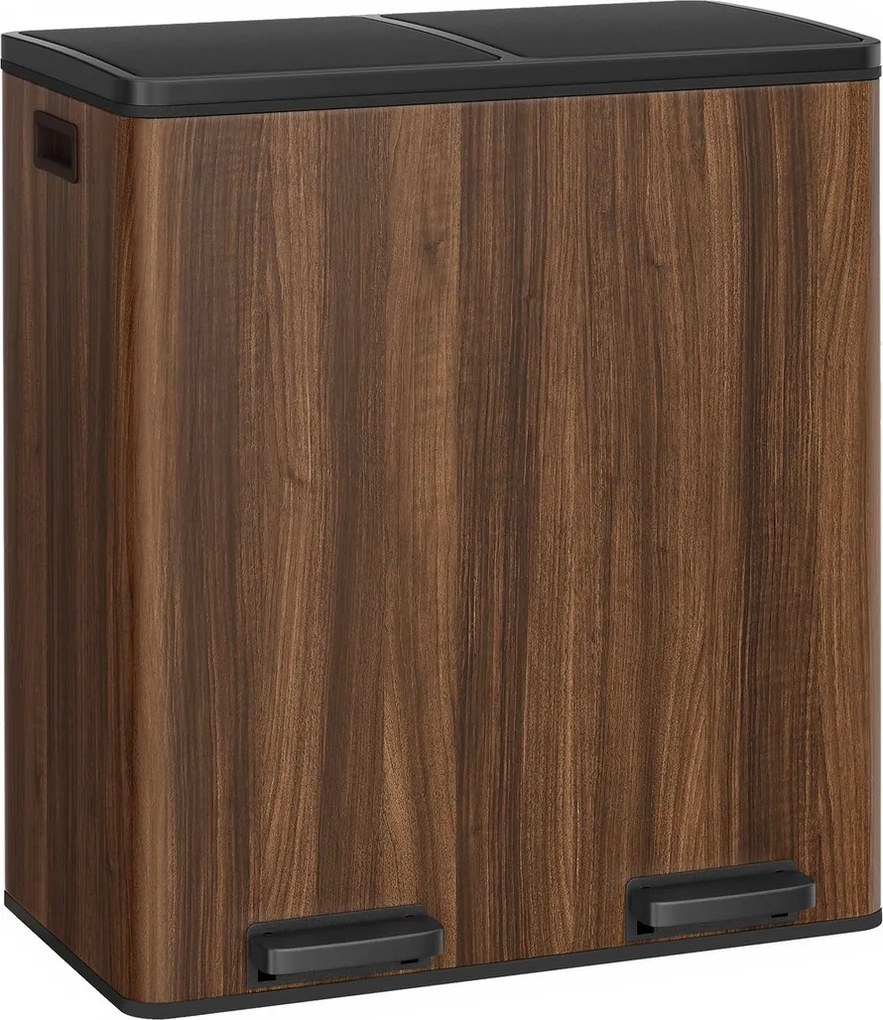 Caixote do lixo 58,5 x 32 x 65 cm de 60 L com  2 compartimentos, caixotes interiores removíveis com pedal castanho