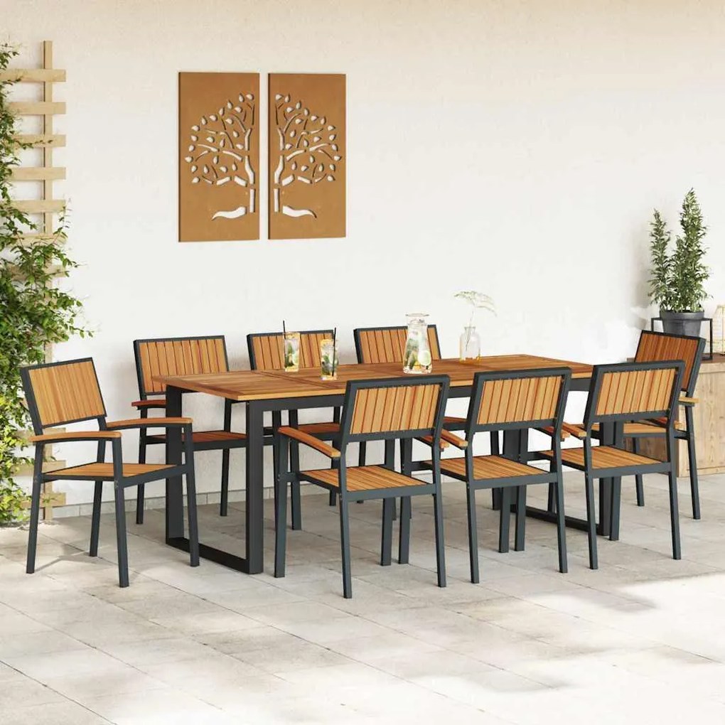 Conjunto de Jantar de Jardim de 9 Peças em Aço Preto e Madeira Sólida