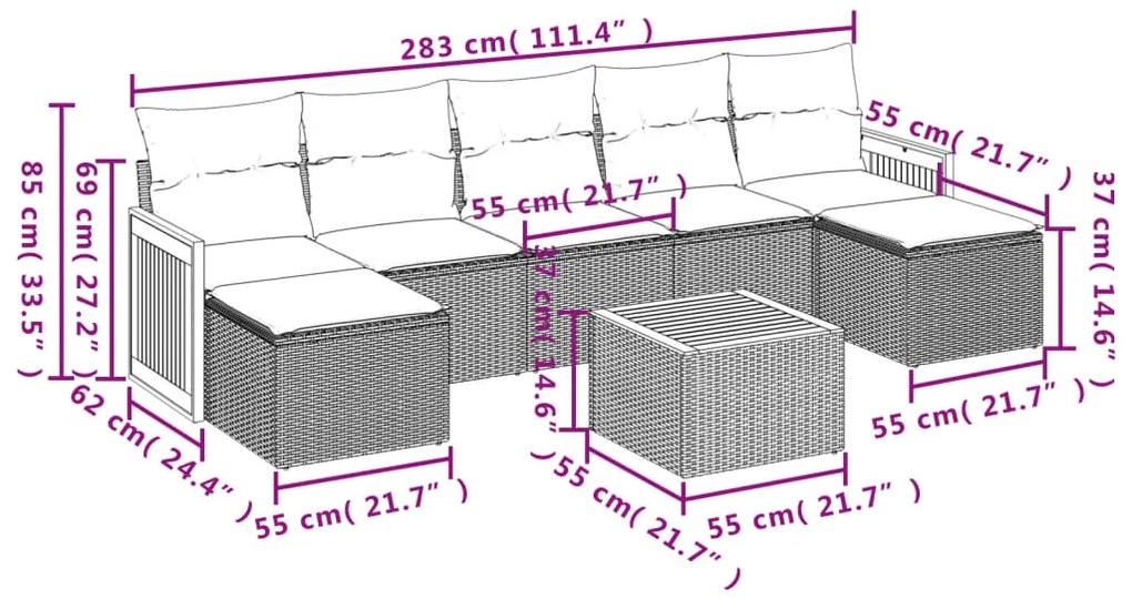 8 pcs conjunto sofás de jardim com almofadões vime PE preto