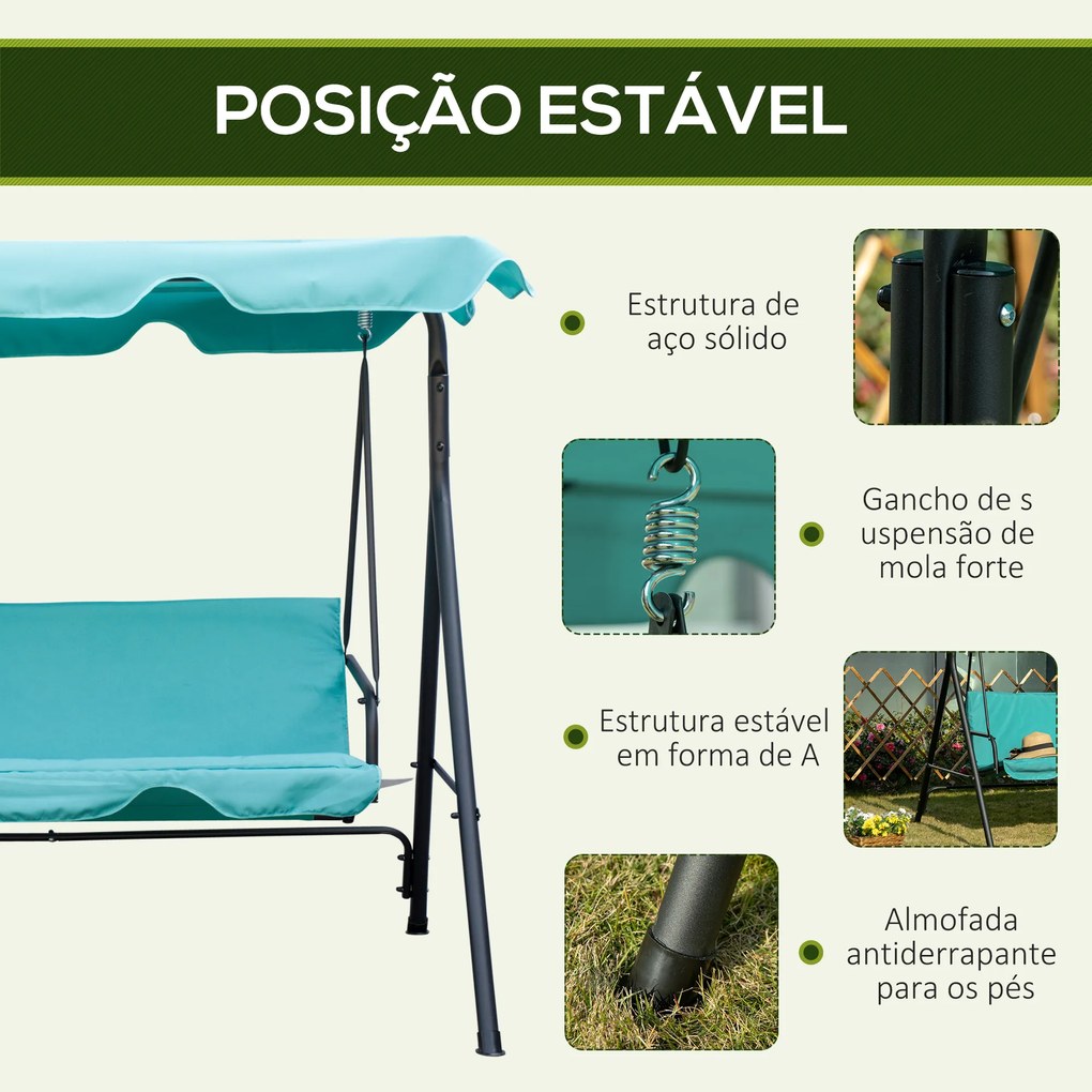 Baloiço de Jardim de 3 Lugares com Teto Ajustável e Estrutura de Aço Suporta até 240 kg 172x110x153 cm Verde Azulado