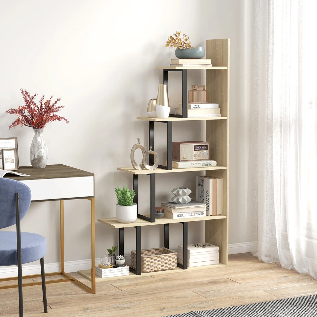 Estante-biblioteca divisória de ambientes em estilo industrial 102 x 30 x 160 cm, em forma de escada, com 5 prateleiras, cor carvalho