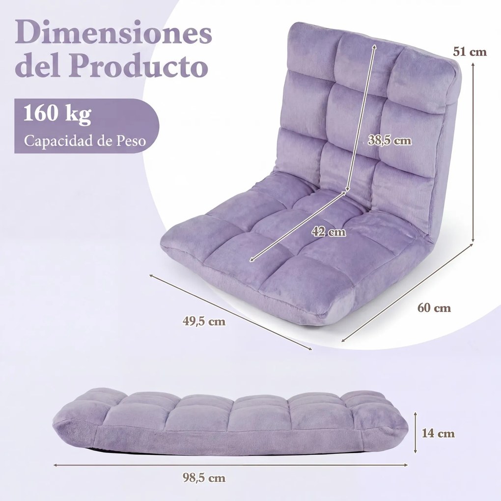 Sofá de chão dobrável 60 x 49,5 x 51 cm com encosto de 14 posições e enchimento de espuma macia para meditação, leitura e yoga Roxo