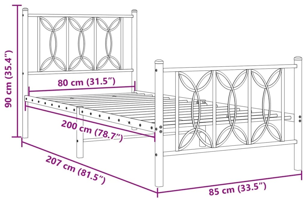 Estrutura de cama com cabeceira e pés 80x200 cm metal branco
