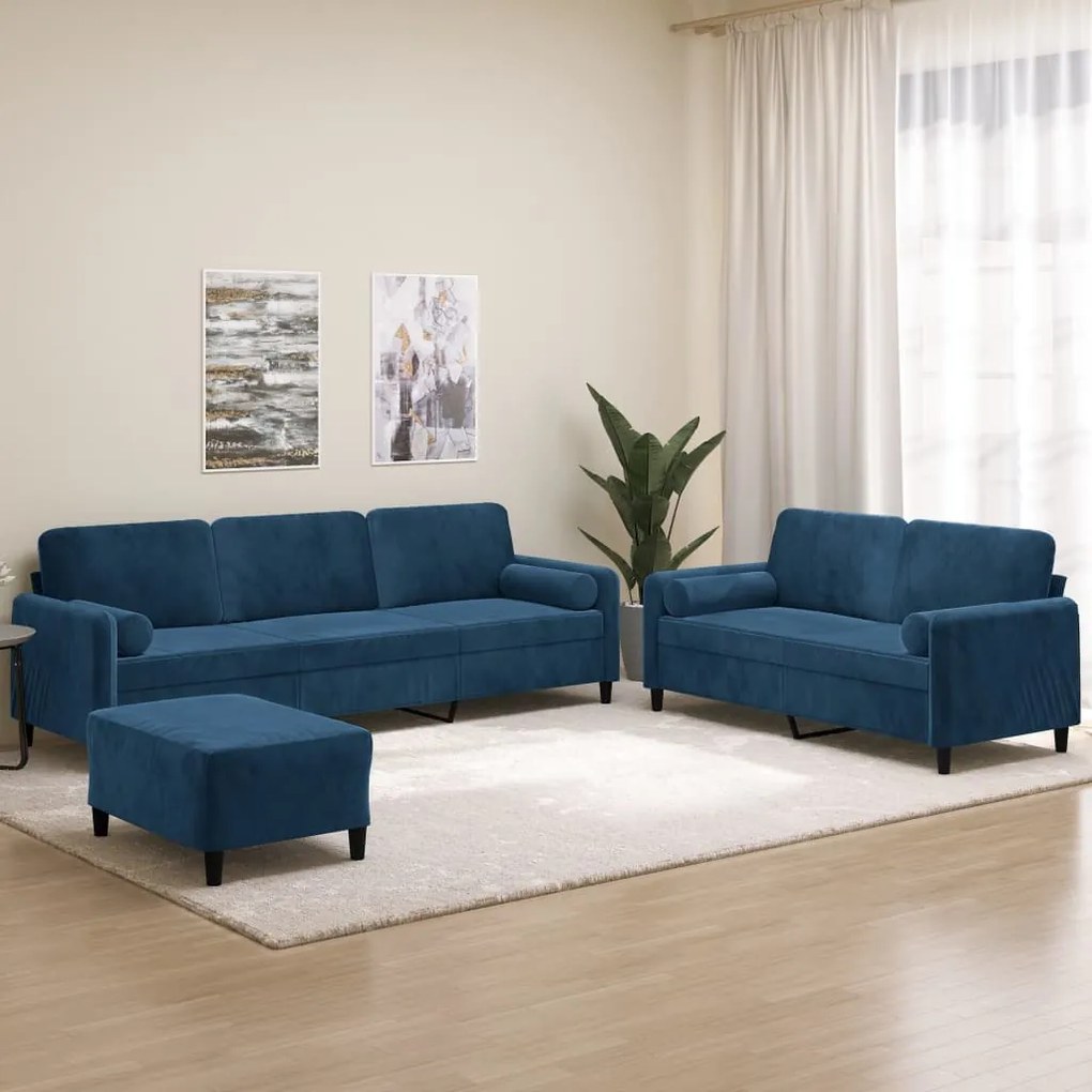 vidaXL 3 pcs conjunto sofás c/ almofadas/almofadões veludo azul