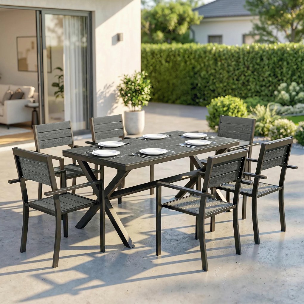 Conjunto de jantar de jardim de 7 peças para 6 pessoas, mesa e cadeiras empilháveis com ripas com efeito de madeira, estrutura em alumínio, cinzento