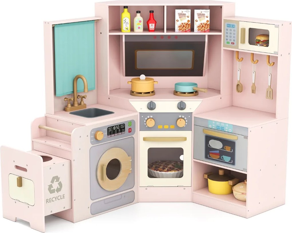 Cozinha de brincar de canto com luzes e sons. Inclui lava-loiça, fogão, micro-ondas, forno, máquina de lavar e acessórios para crianças com mais de 3