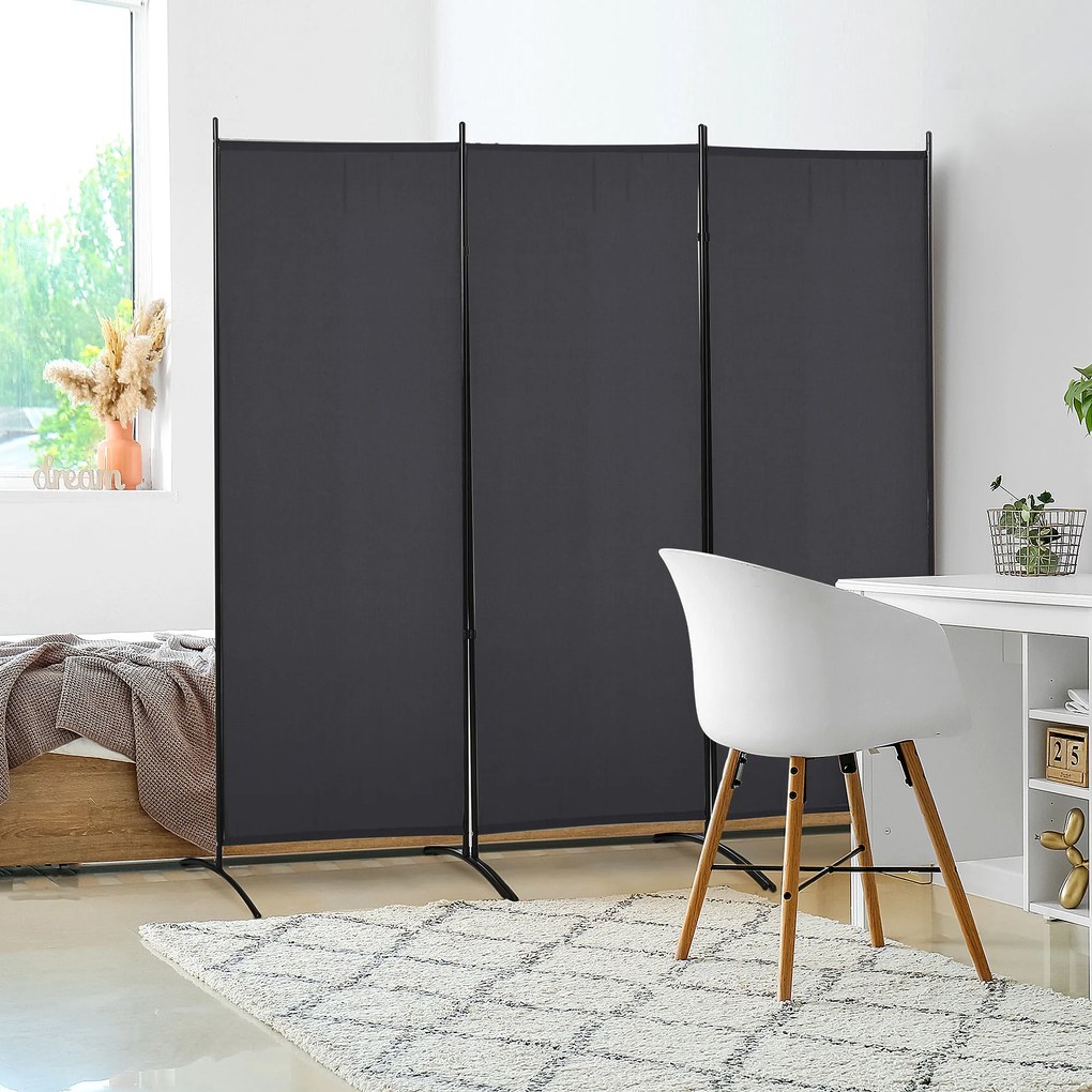 Biombo de 3 painéis, 2,53 x 0,5 x 1,82 A m.de proteção contra olhares indiscretos, biombo com base separadora em metal e poliéster cinzento escuro