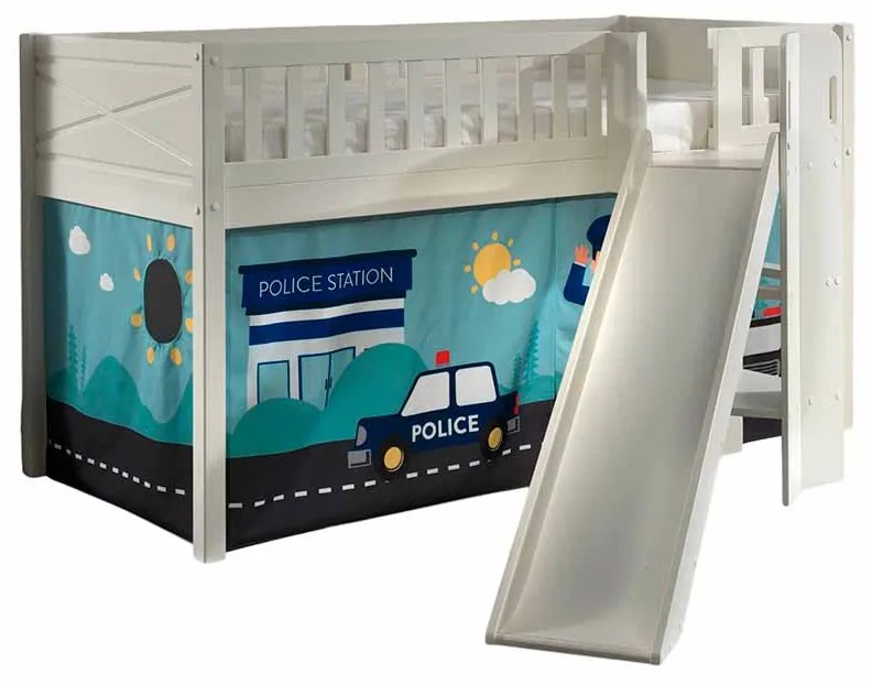Conjunto cama Infantil SCOTT + escorrega + cortina de brincar Policia Branca