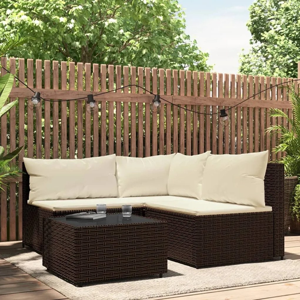 vidaXL 4 pcs conjunto lounge jardim c/ almofadões vime PE castanho