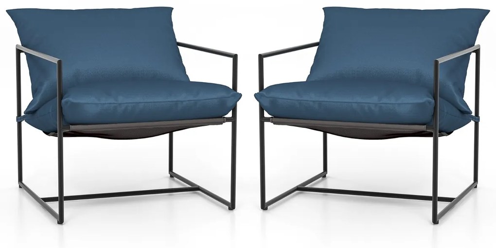 Conjunto de 2 Poltronas com Almofadas de Assento Sling Encosto Assento Tecido e Estrutura de Metal para Varanda 71 x 71 x 61 cm Azul + Preto