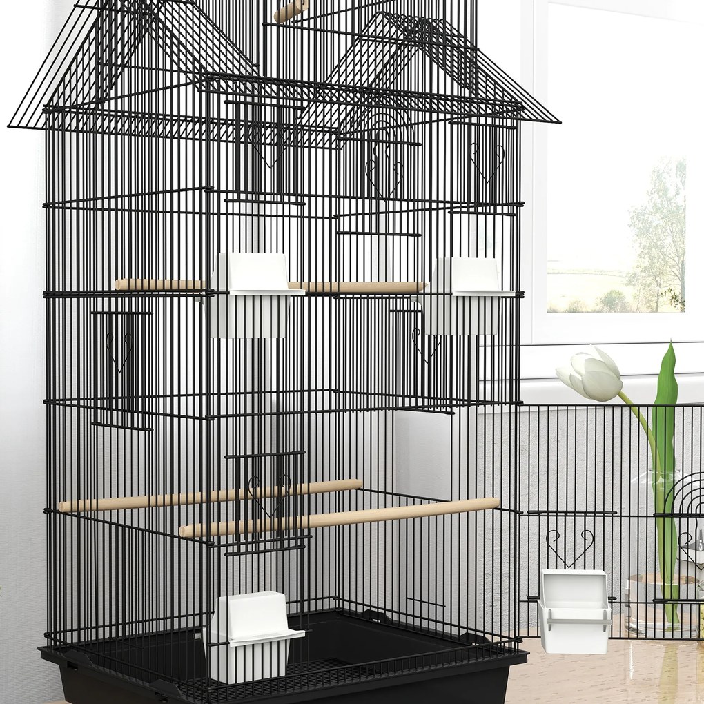 Gaiola de Metal para Pássaros com Bandeja Amovível Rodas 4 Comedouros 3 Poleiros e 1 Baloiço 50,5x41x163 cm Preto