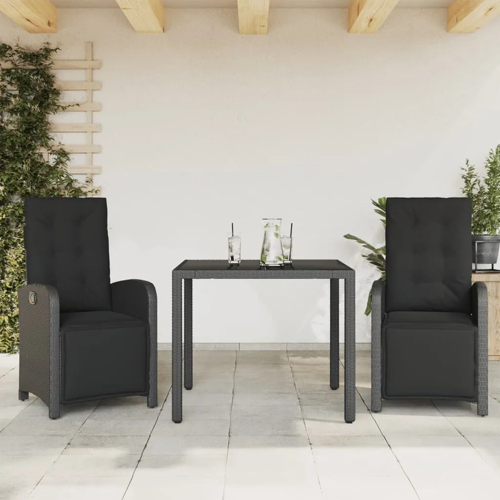 vidaXL 3 pcs conjunto de bistrô com almofadões vime PE preto