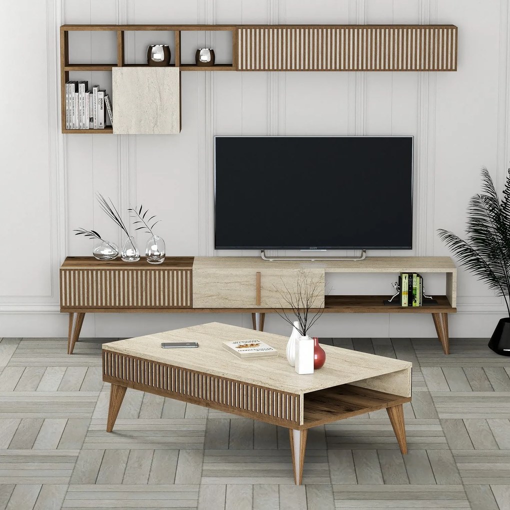 Conjunto de Mobiliário de Sala de Estar Milan – Nogueira – Travertino