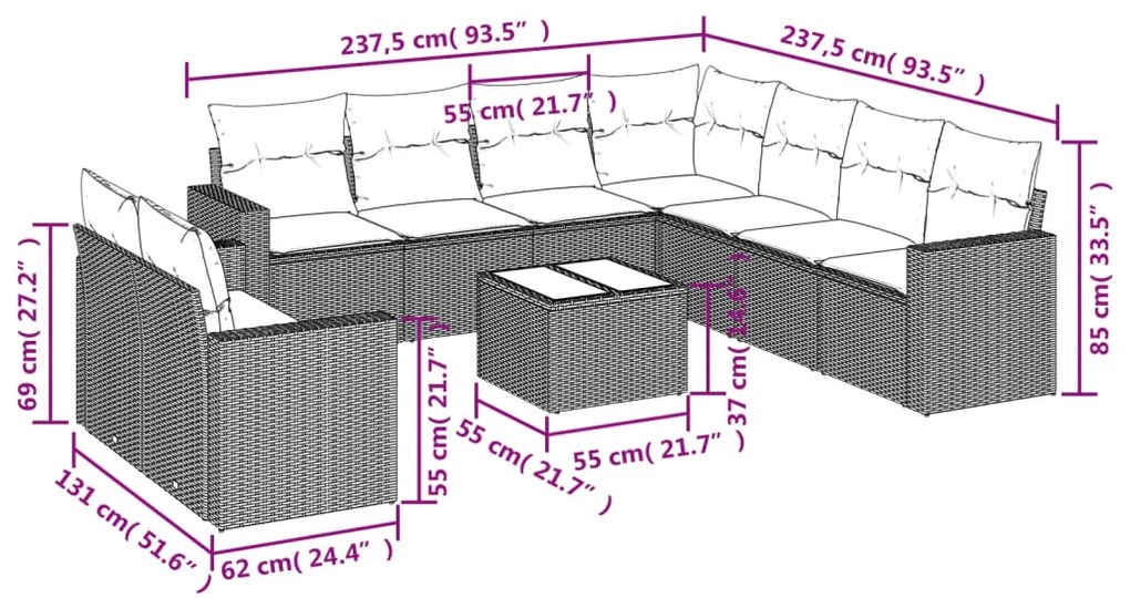 10 pcs conj. sofás jardim com almofadões vime PE castanho