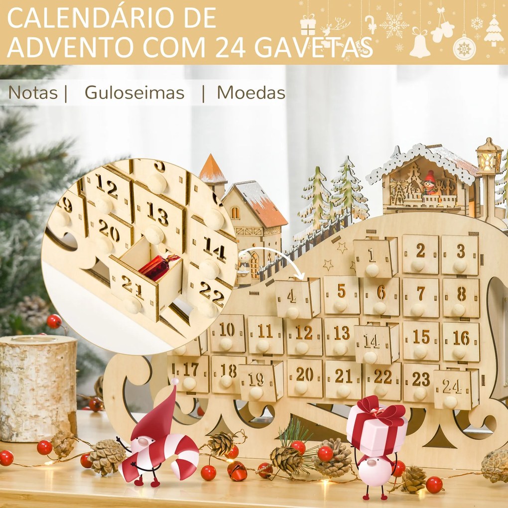 HOMCOM Calendário de Advento de Natal com Luzes LED e 24 Gavetas Decor