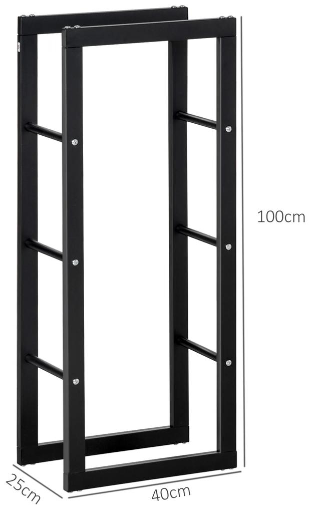 Suporte para Lenha de Metal Porta Lenha Metálico para Interior e Exterior Carga Máxima 100 kg 40x25x100 cm Preto