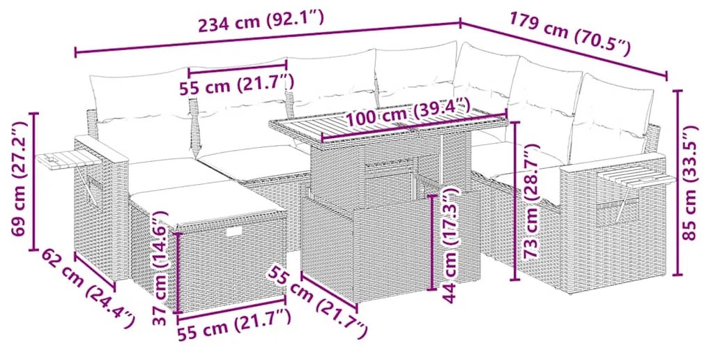 8 pcs conjunto de sofás p/ jardim com almofadões vime PE bege