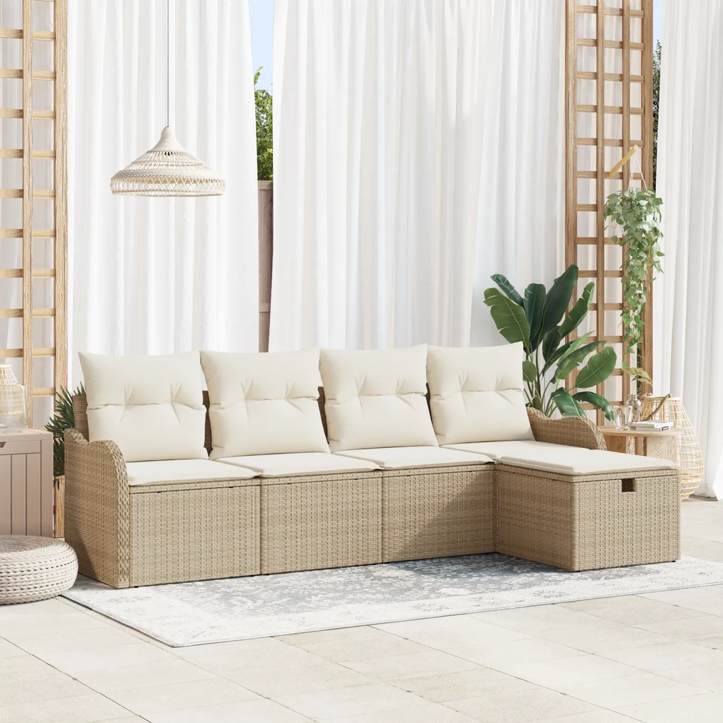 Conjunto de Sofá de Jardim vidaXL 5 Peças com Almofadas Bege Rattan Po
