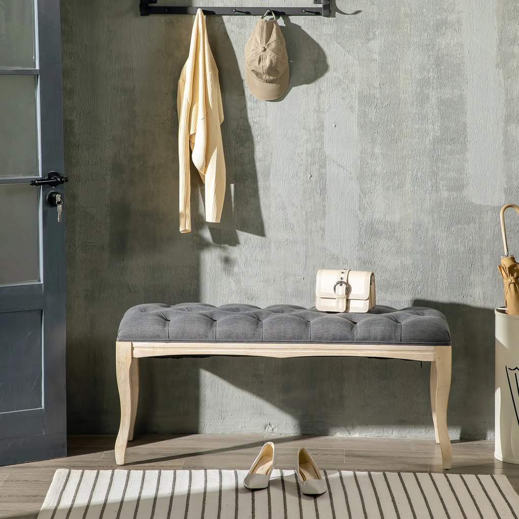 Banco estofado estilo clássico, 110 cm, para colocar ao pé da cama, estofado em linho, com base em madeira de hevea esculpida, linho cinzento