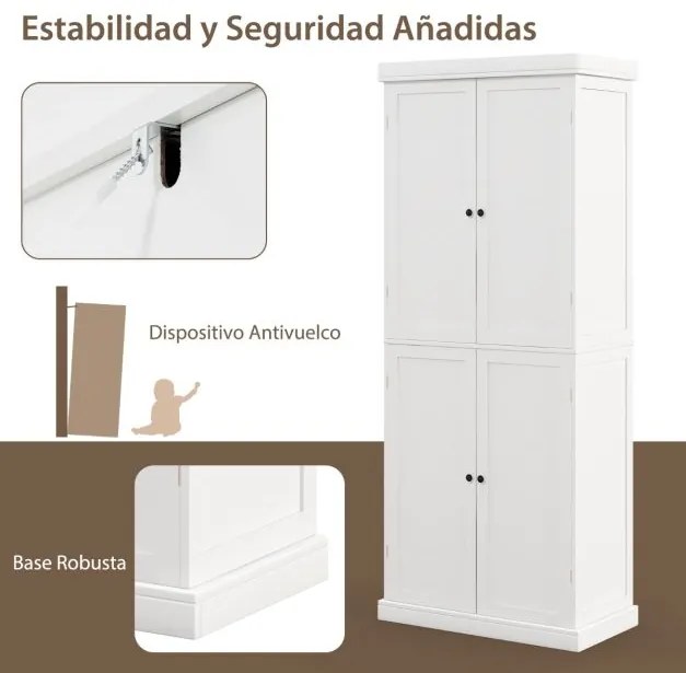 Armario cozinha com 4 Portas e 6 Estantes Armário de Madeira para Cozinha Sala de Jantar Sala de Estar 76 x 40 x 184,5 cm Branco