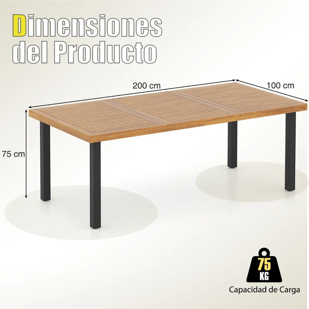 Mesa de jantar para jardim para 8 pessoas com orifício para guarda-sol e pernas de metal 200 x 100 x 75 cm Natural