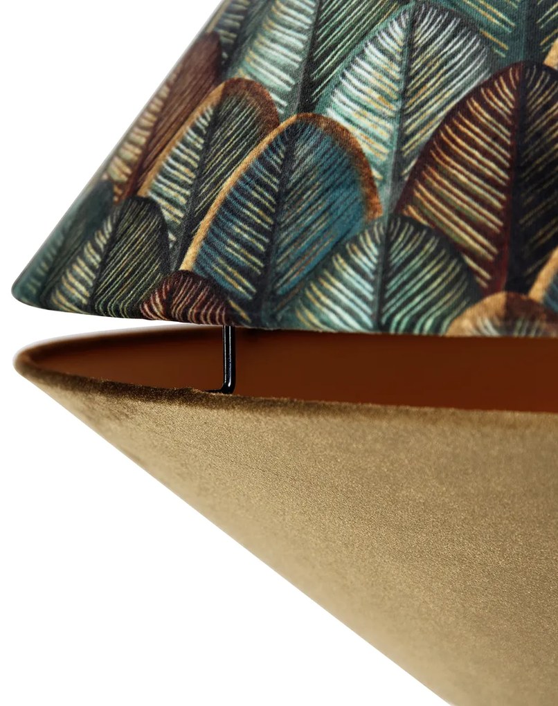 Candeeiro de Arco em Latão com Abajur Duplo de Veludo com Design de Folhas e Bege - XXL