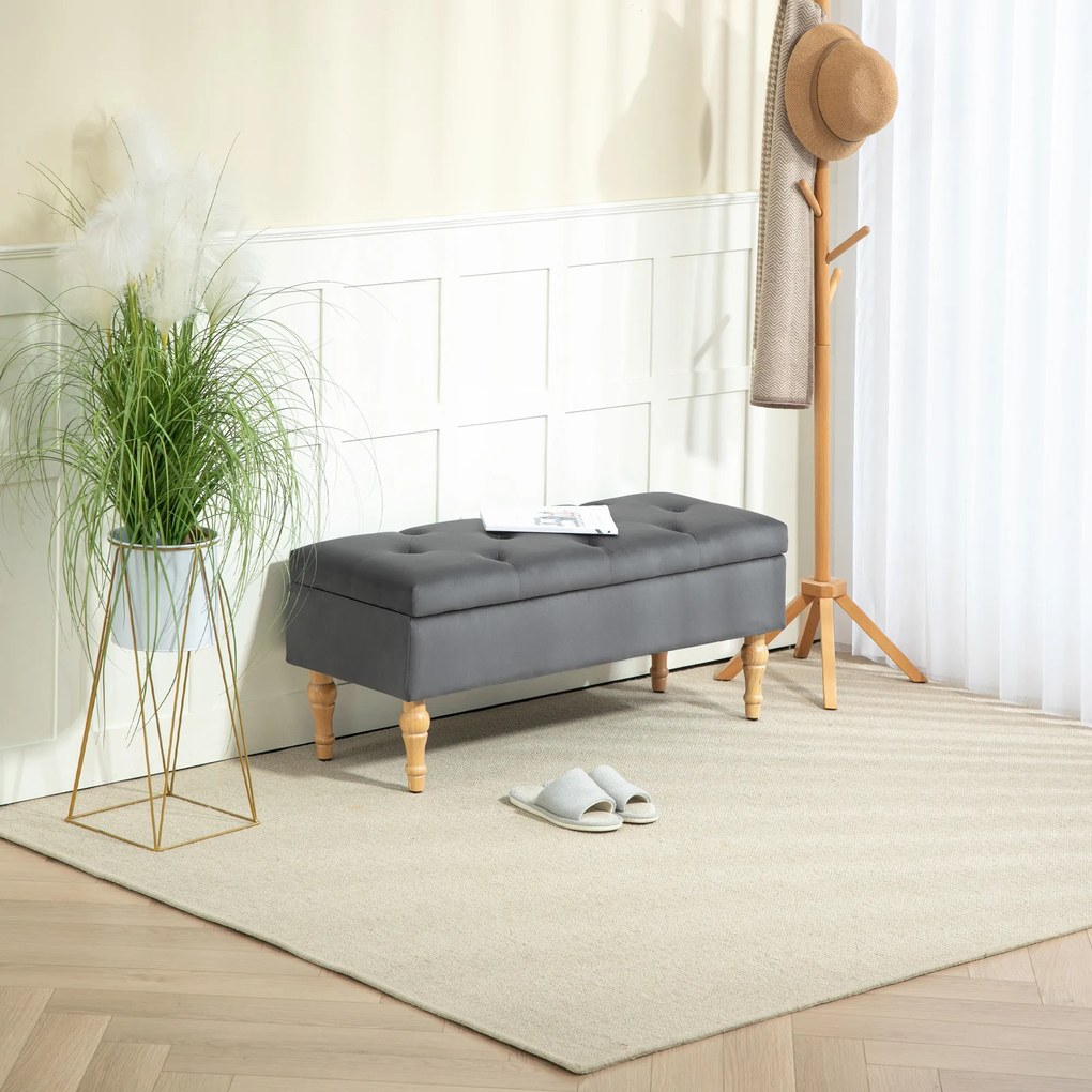 Banco com arrumação 2 em 1, em veludo 102 C x 38 P x 41 A cm com tampa articulada acolchoada e pés em madeira, cinzento