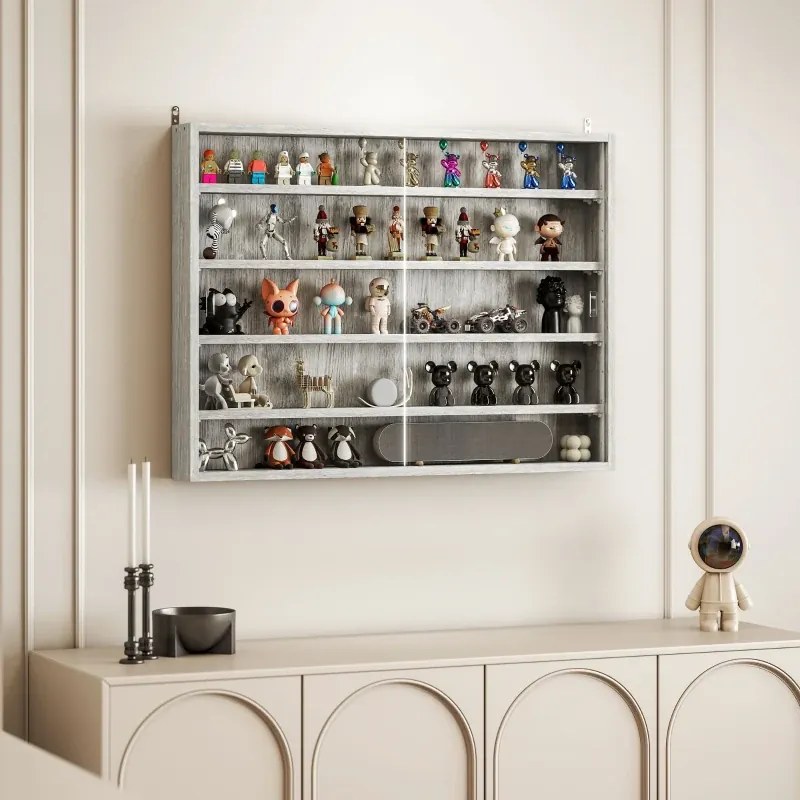 Vitrine de parede para objetos de coleção com 4 prateleiras reguláveis em altura e 2 portas de correr 80 x 9,5 x 60 cm cinzenta
