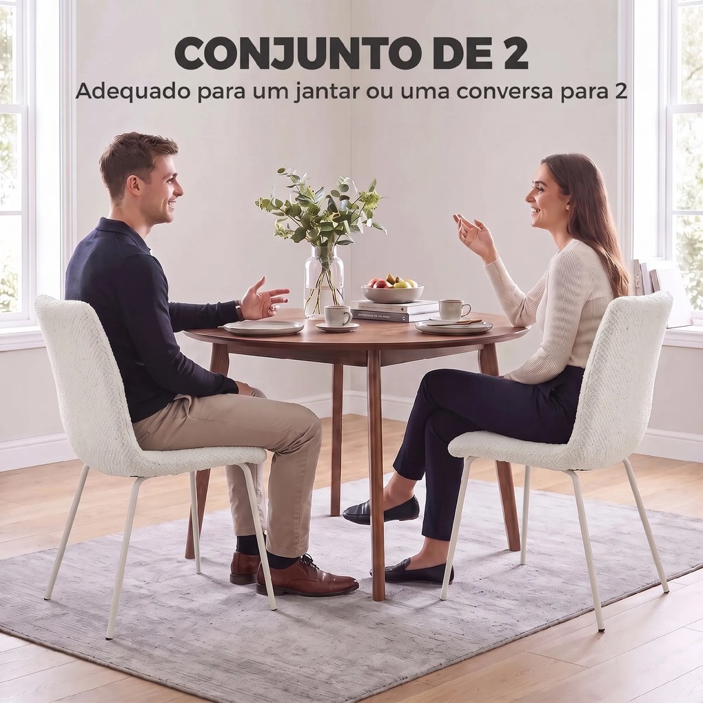 Conjunto de 2 Cadeiras de Jantar em Veludo (MESA NÃO INCLUIDA) com Assento e Encosto Acolchoados e Pés Metálicos Branco