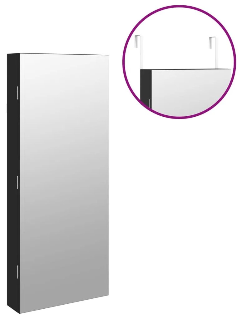 Móvel para joias de parede espelhado com luzes LED preto