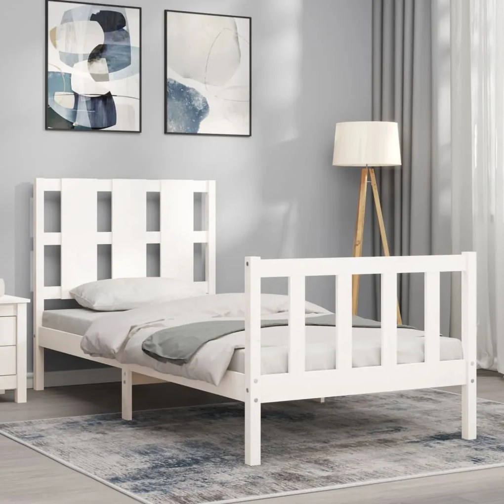 Estrutura de cama com cabeceira 90x190 cm madeira maciça branco