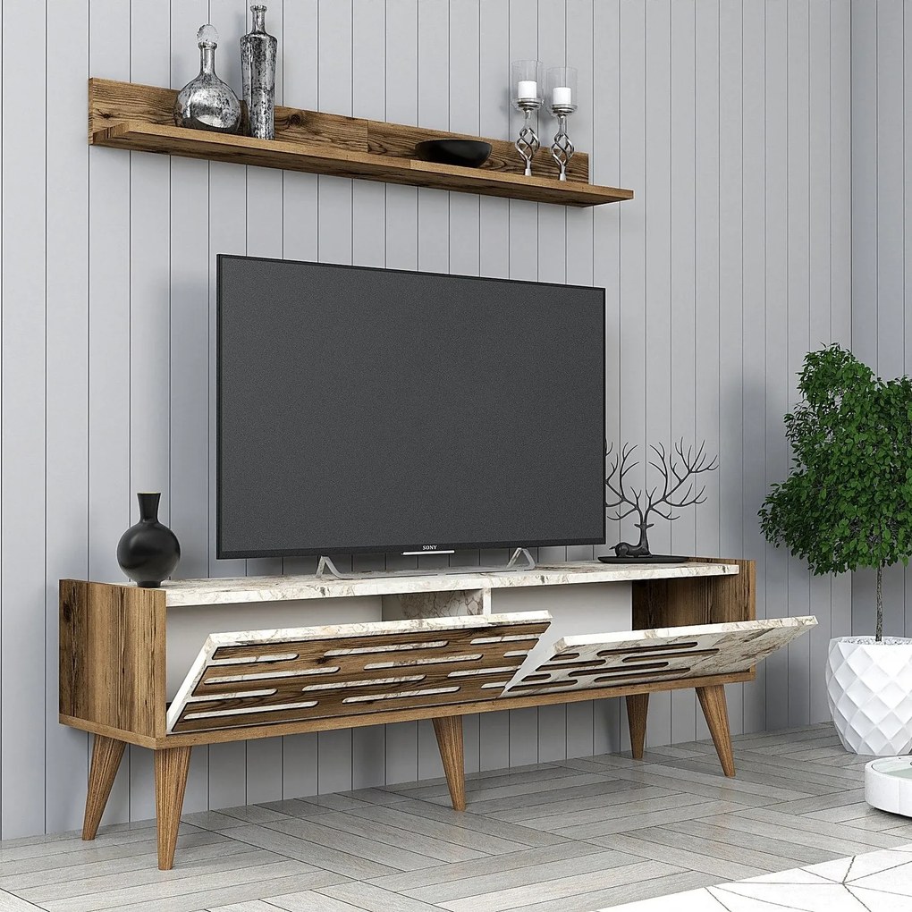 Conjunto de Mobiliário de Sala de Estar Valensiya – Nogueira e Branco