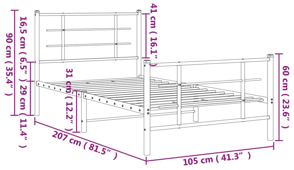 Estrutura de cama com cabeceira e pés 100x200 cm metal preto