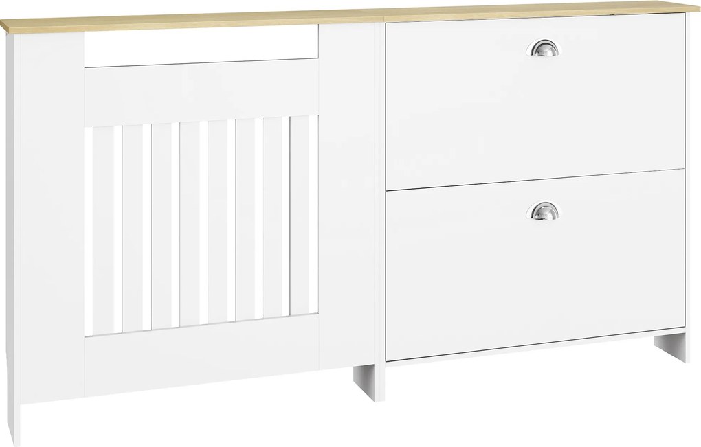 HOMCOM Cobertura Radiadores com Sapateira  e 2 Gavetas Rebatíveis Desenho Moderno de Ripas 152x19x81 cm  Branco | Aosom Portugal