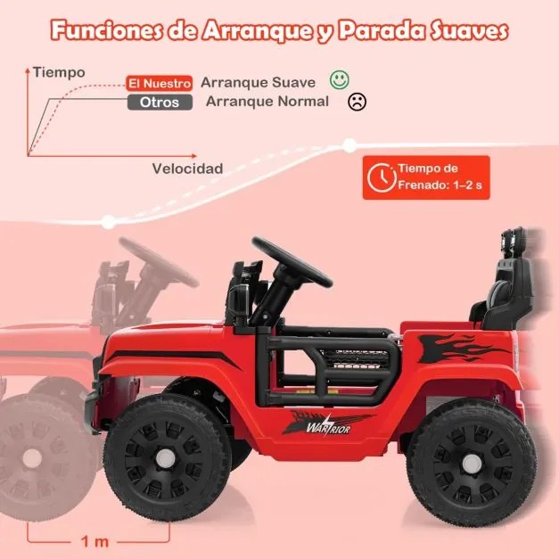 Carro elétrico para crianças 12V com comando à distância, volante, painel musical, buzina, faróis, espelhos rebatíveis, 4 rodas, vermelho