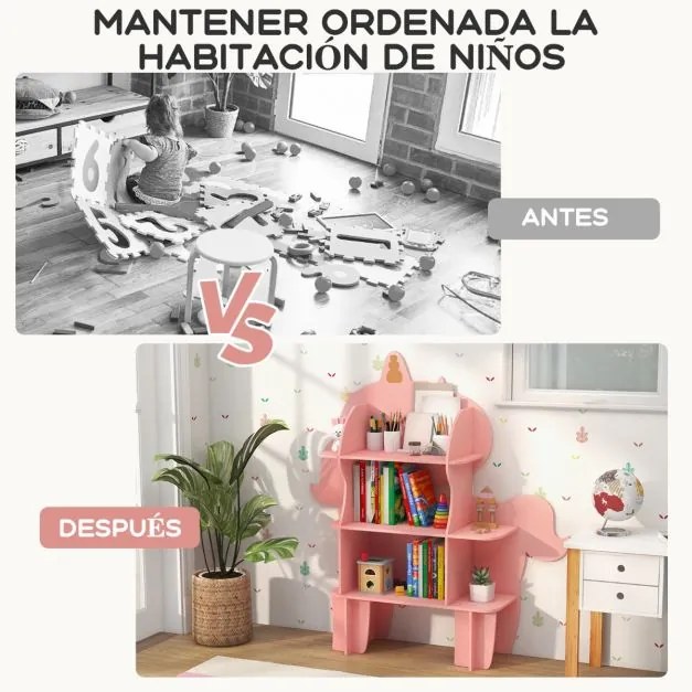 Estante de Unicórnio de Madeira de 3 Níveis para Crianças Organizador de Brinquedos com Estantes de Armazenamento Abertas Rosa