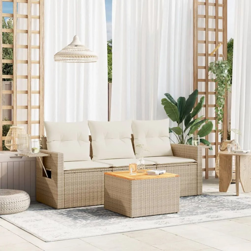 vidaXL 4 pcs conjunto de sofás para jardim c/ almofadões vime PE bege