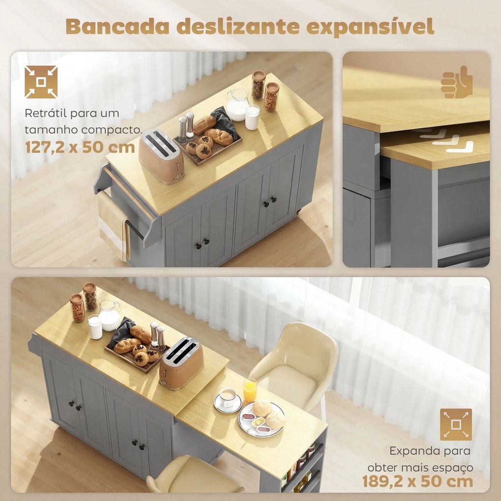Carrinho, Ilha de Cozinha com Rodas Tampo Extensível Carrinho de Cozinha com 4 Portas Prateleiras Ajustáveis Estante Lateral Aberta Cinza