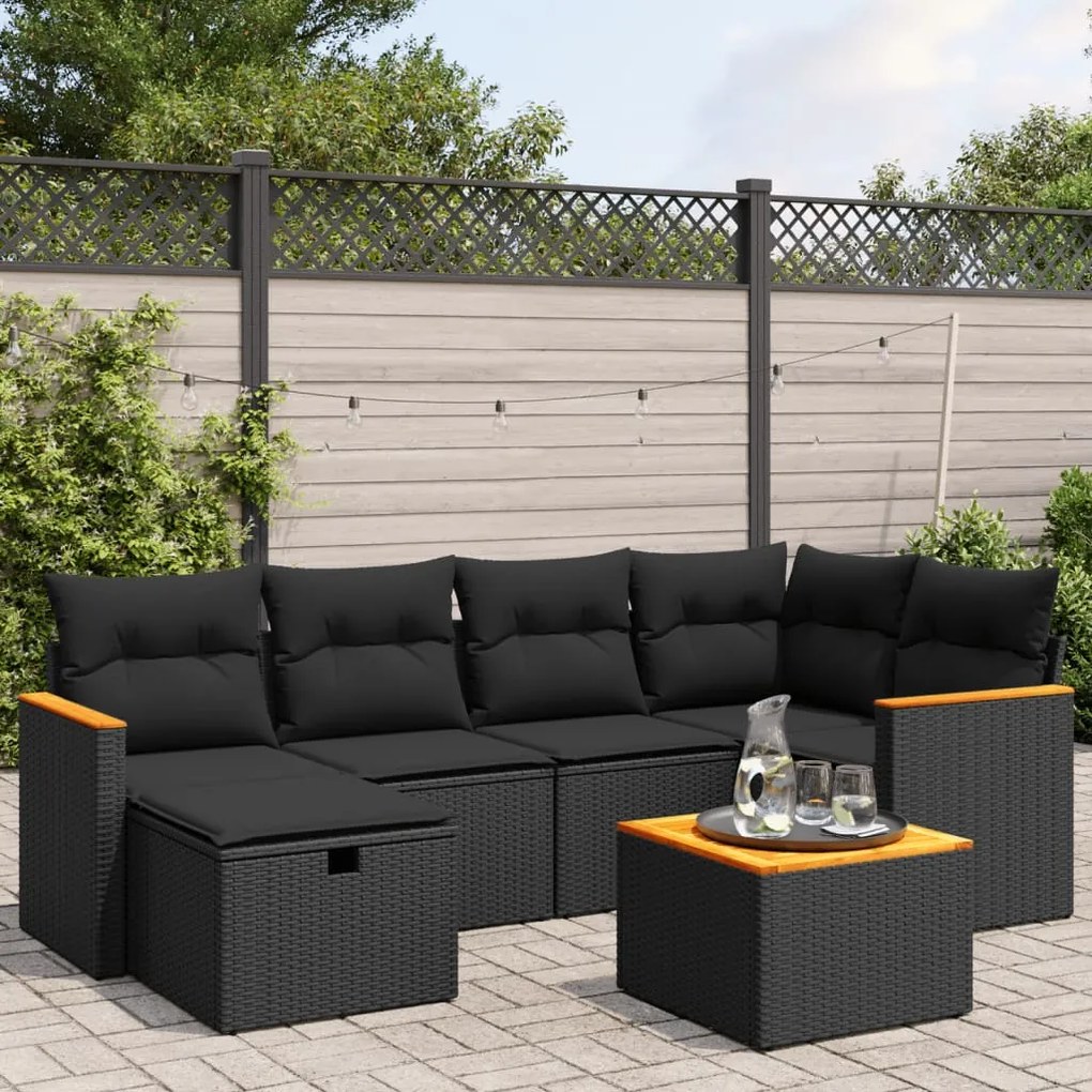 vidaXL 7 pcs conjunto de sofás p/ jardim c/ almofadões vime PE preto