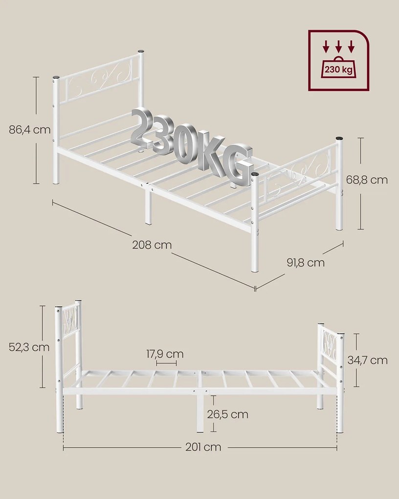 Cama 90 x 200 cm em metal (colchão não incluido), montagem simples, branco mate
