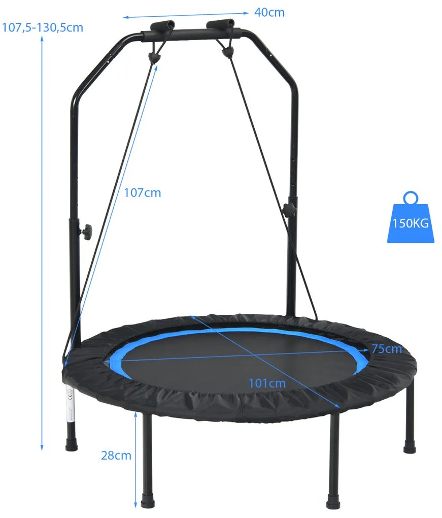 Trampolim dobrável 101 cm Mini trampolim de fitness com pega ajustável em altura e 2 bandas para crianças e adultos Azul