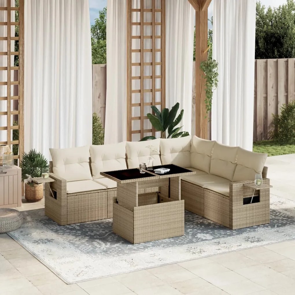 7 pcs conjunto de sofás p/ jardim com almofadões vime PE bege