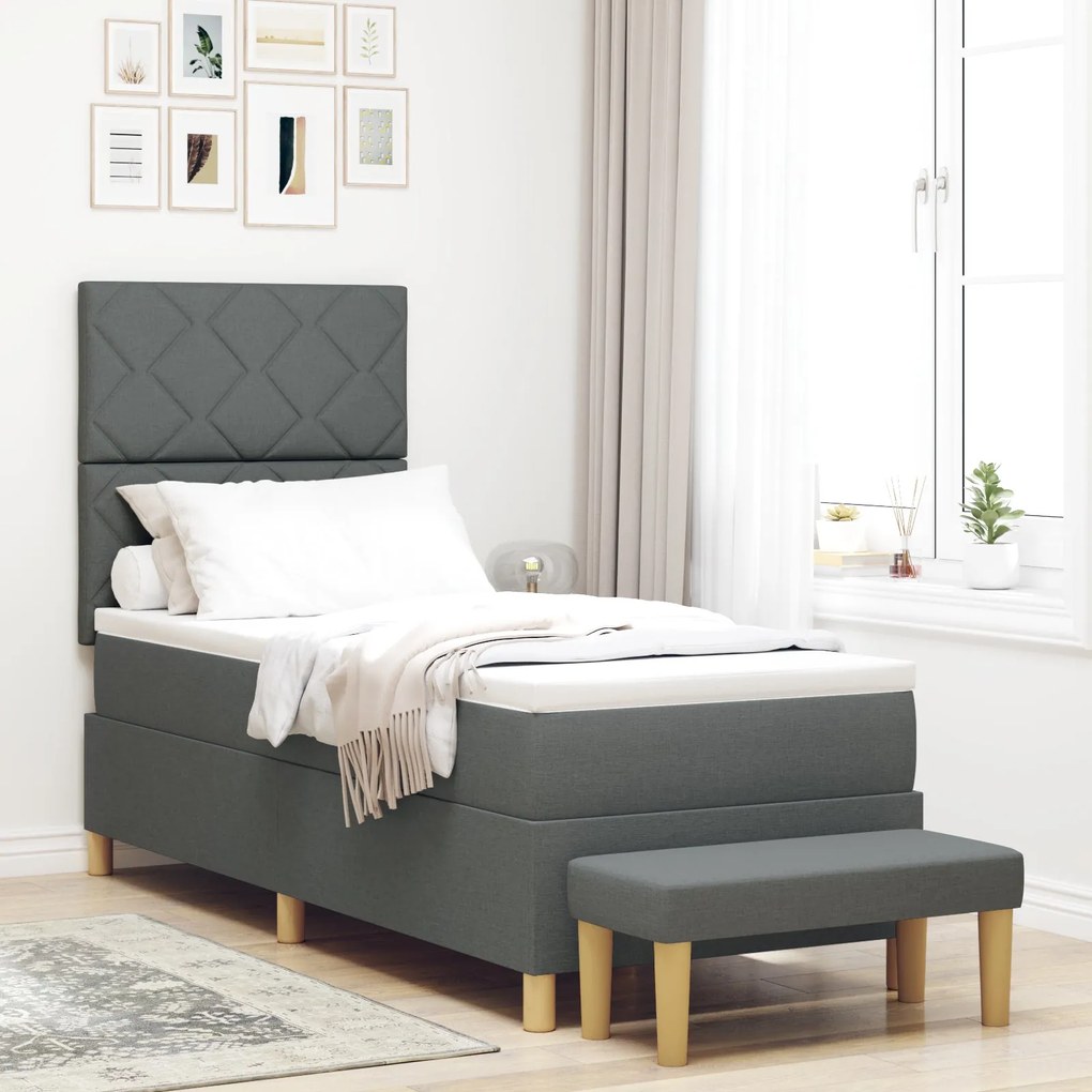 Cama Box Spring com Colchão e Banco Cinza Escuro 80x200 cm Tecido