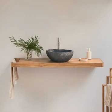 Conjunto De Móvel De Casa De Banho 130x45 Cm Suspenso Em Madeira De Teca Neill Madeira De Teca & Sem Espelho & Cinzento Escovado ↑30 Cm Com Válvula De