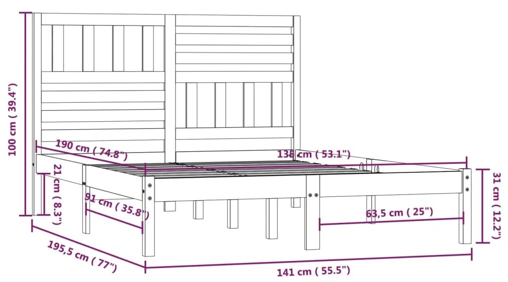 Estrutura de cama de casal 135x190 cm pinho maciço preto