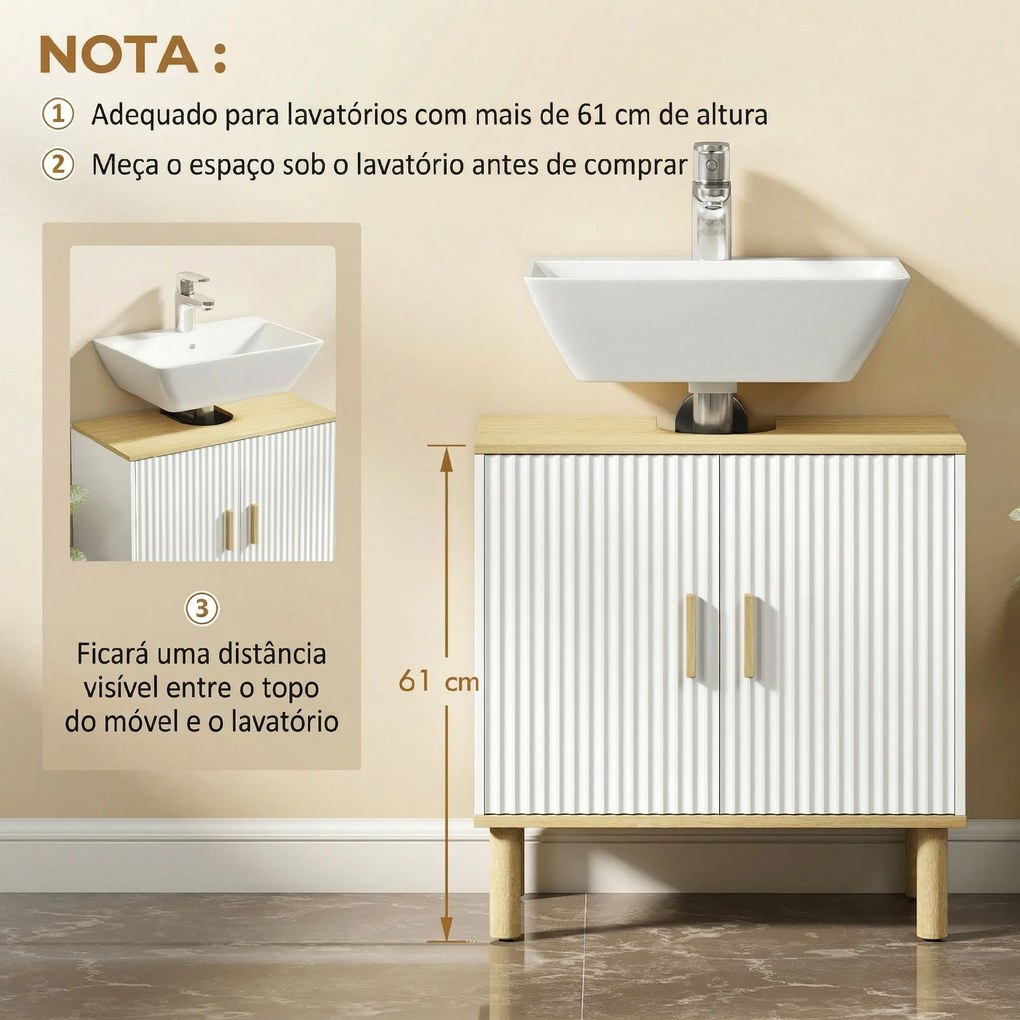 Móvel para Baixo do Lavatório (NÃO INCLUIDO) com Prateleira Ajustável Armário para Lavatório sem Pedestal com Portas Caneladas 60x30x61 cm Branco