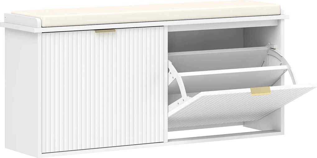 HOMCOM Banco Sapateira Móvel Sapateira Estreito com Assento Estofado 2 Caixas Rebatível e Painel de Ripas 104x26x47,5 cm Branco | Aosom Portugal