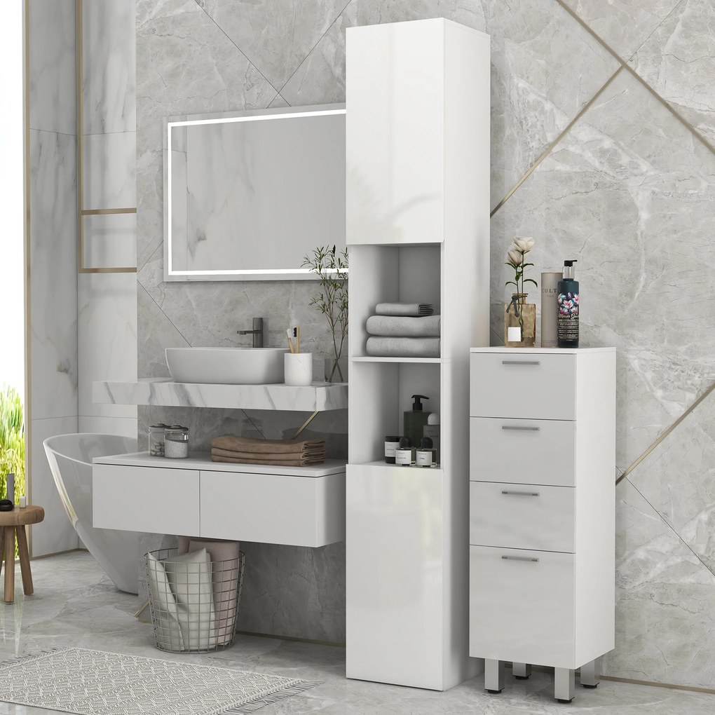 Coluna para casa de banho 30 x 30 x 181,5 cm com 2 portas e prateleiras ajustáveis, branco